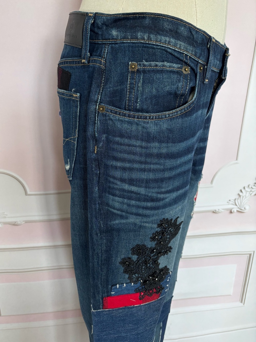 LAUREN RALPH LAUREN Patchwork Relaxed Tapered Lace Plaid Straight Jean--NWT--30 - Picture 3 of 16